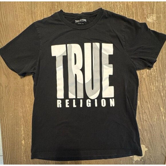 True Religion Black Crewneck Spell Out Horse Shoe T Shirt Tee Large - Picture 1 of 5